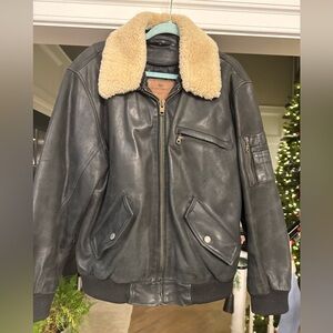Men's chevirex soft  Black Leather Jacket bomber flight biker Shearling Collar M